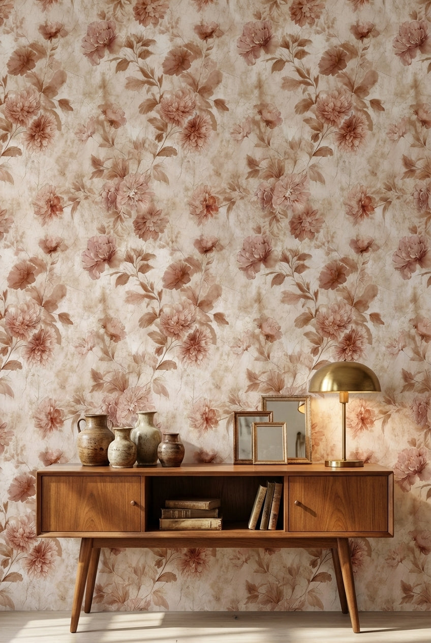 Warm Beige Vintage Rose Floral Wallpaper