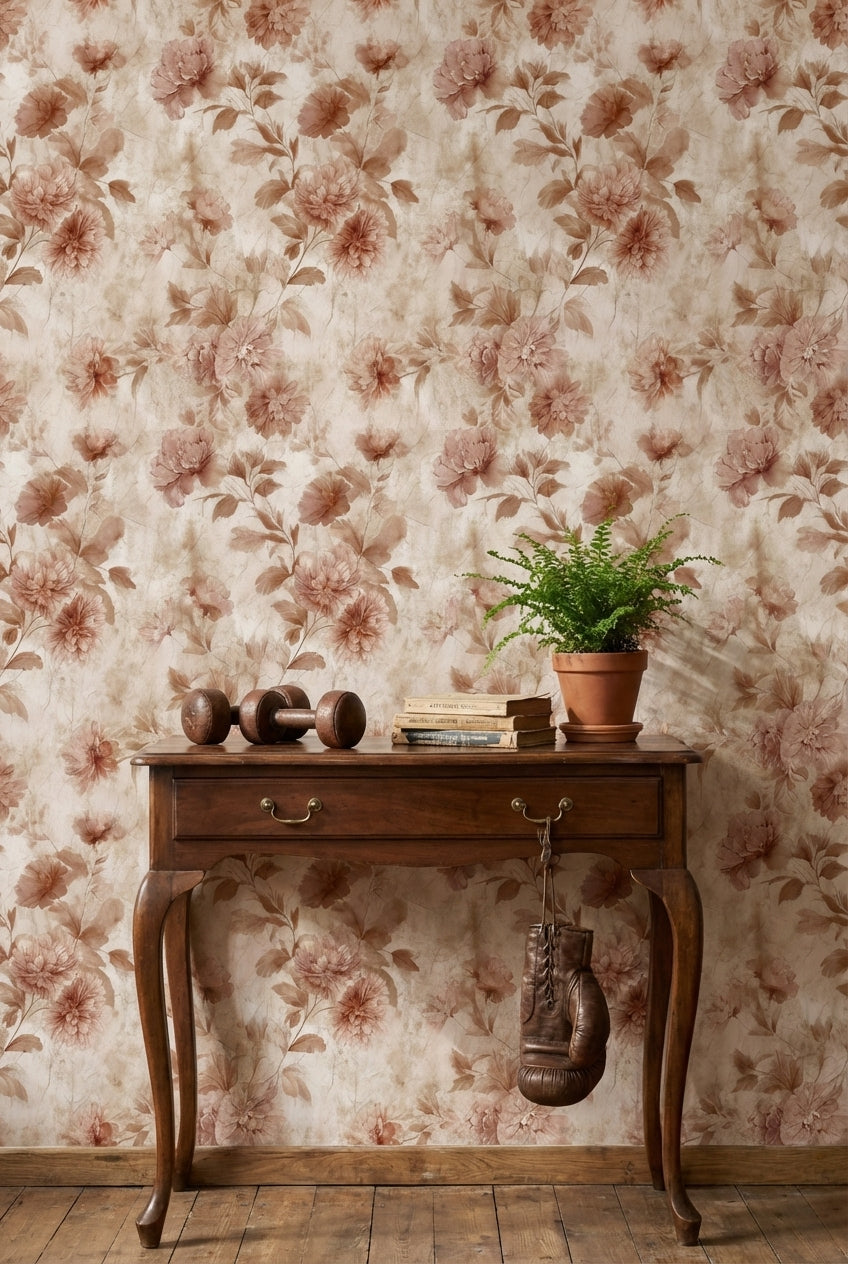 Warm Beige Vintage Rose Floral Wallpaper