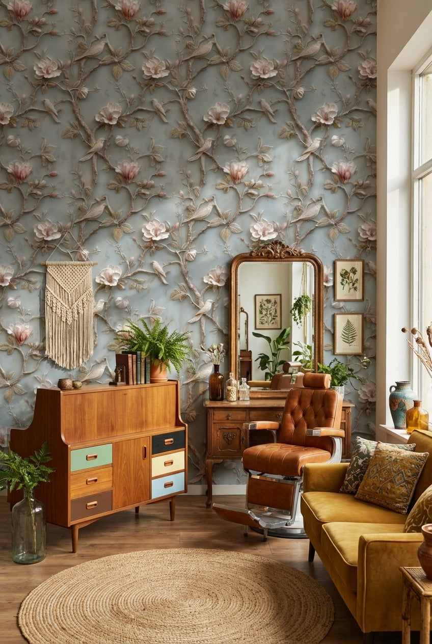 Powder Blue Magnolia and Bird Floral Wallpaper