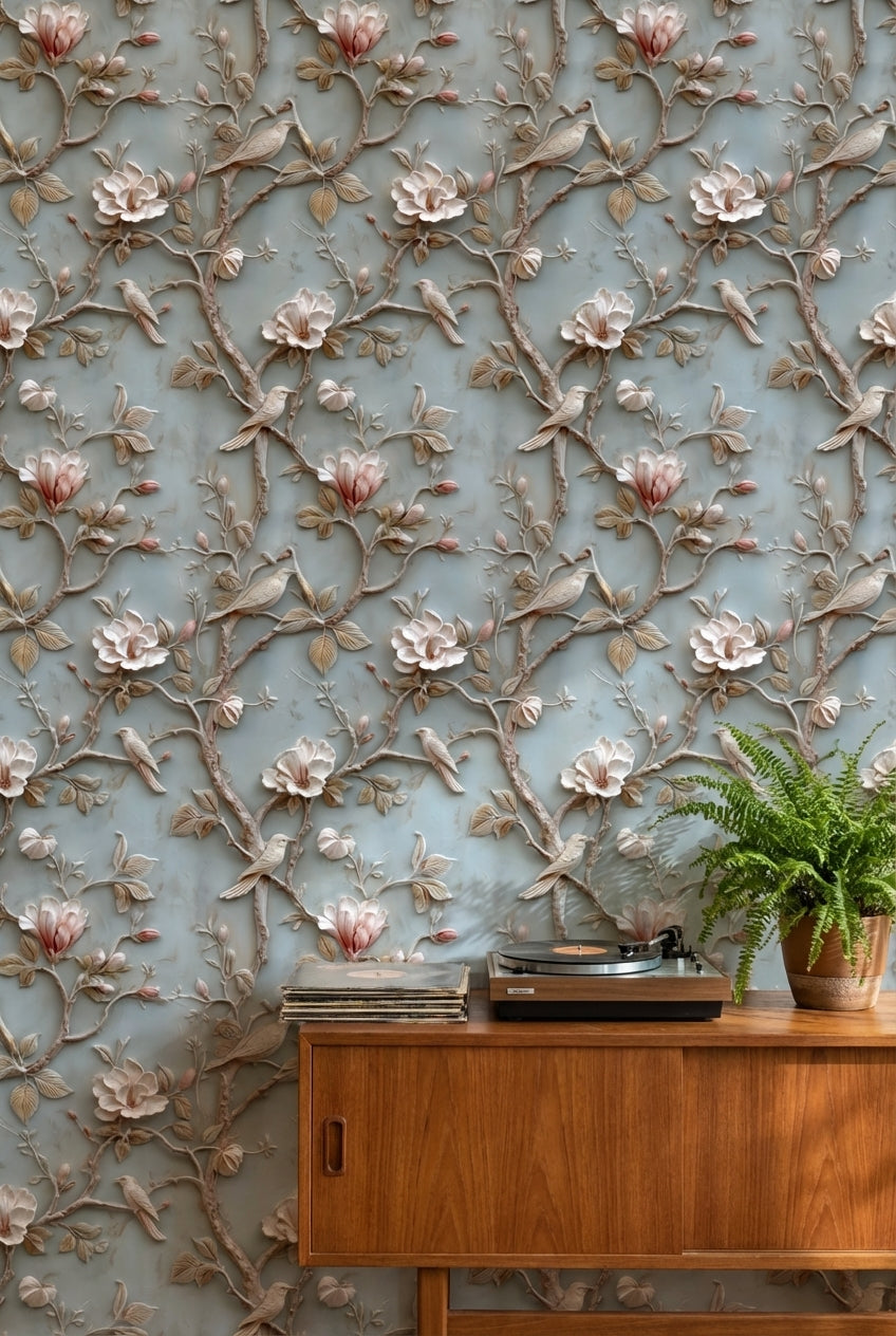 Powder Blue Magnolia and Bird Floral Wallpaper