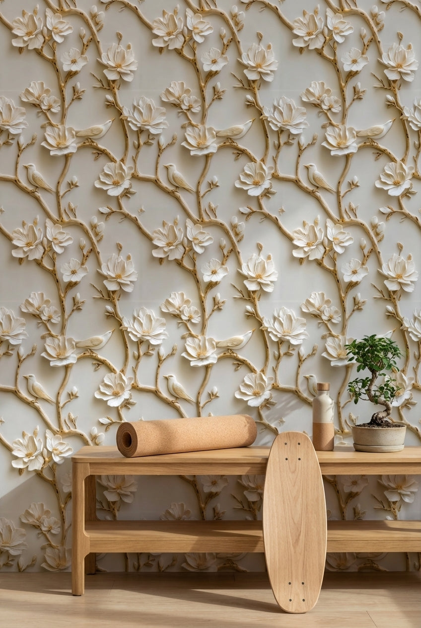Beige and Gold Look 3D Floral and Bird Wallpaper