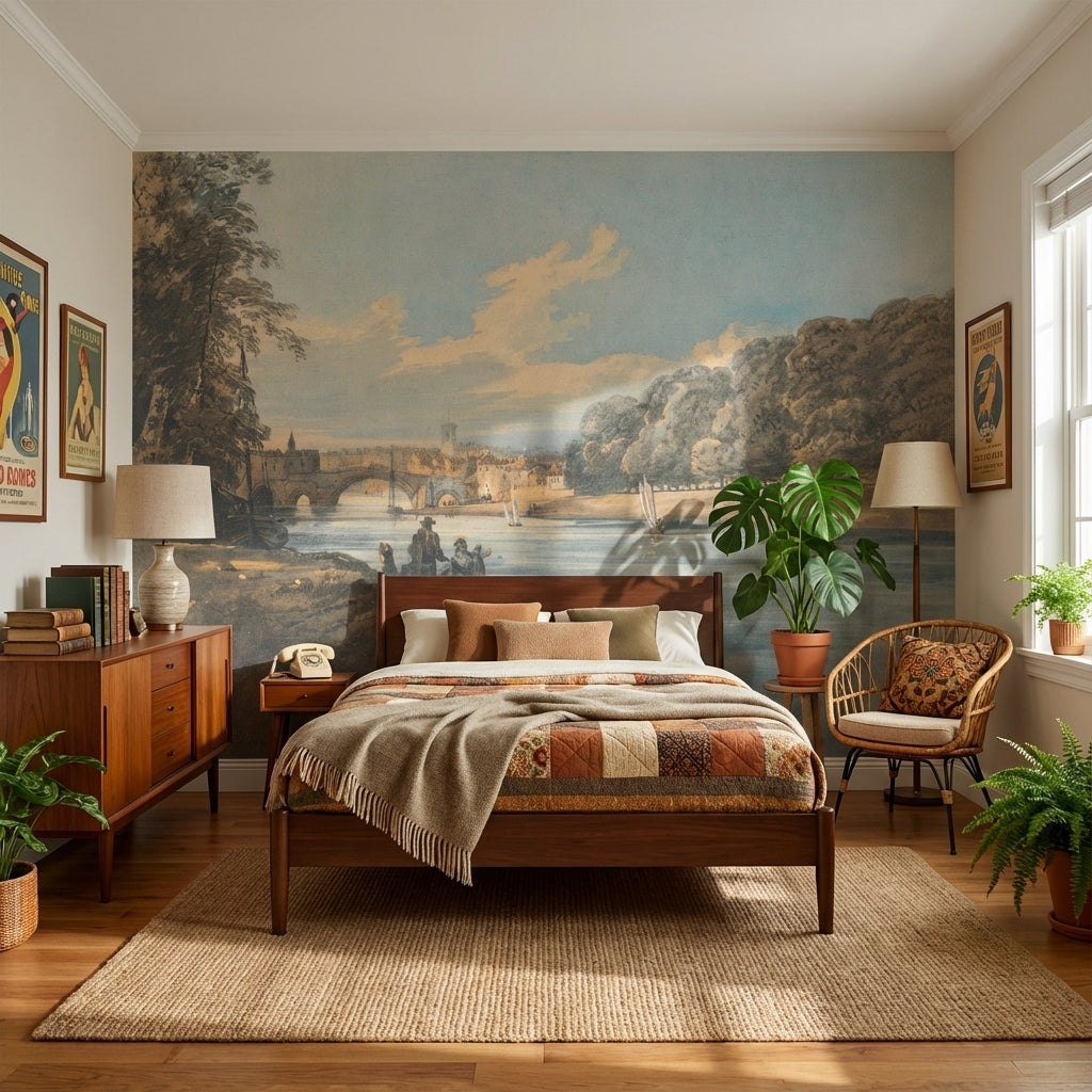 Vintage Landscape Wallpaper River Bridge Wall Mural