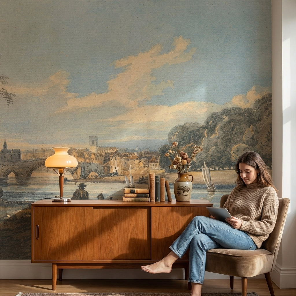 Vintage Landscape Wallpaper River Bridge Wall Mural