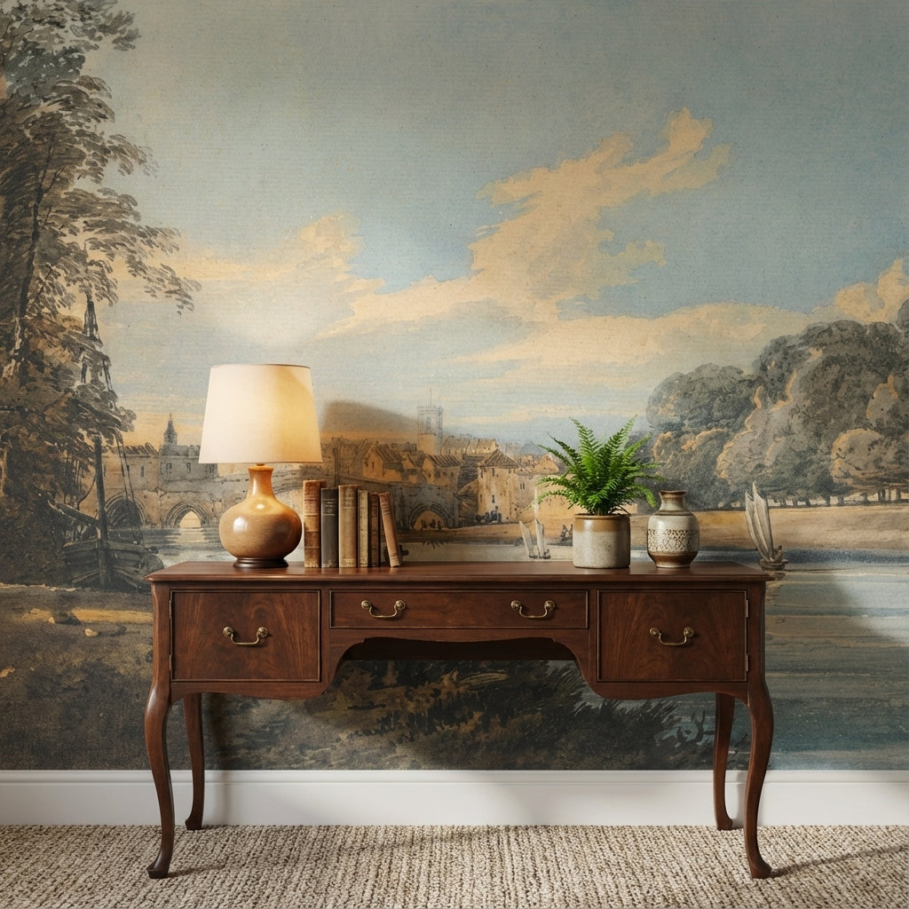 Vintage Landscape Wallpaper River Bridge Wall Mural