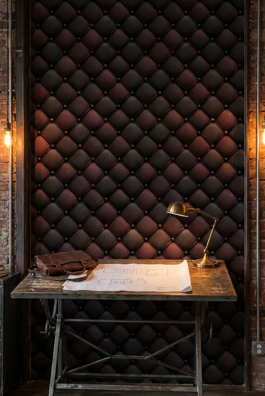 Dark Burgundy Quilted Leather 3D Effect Wallpaper