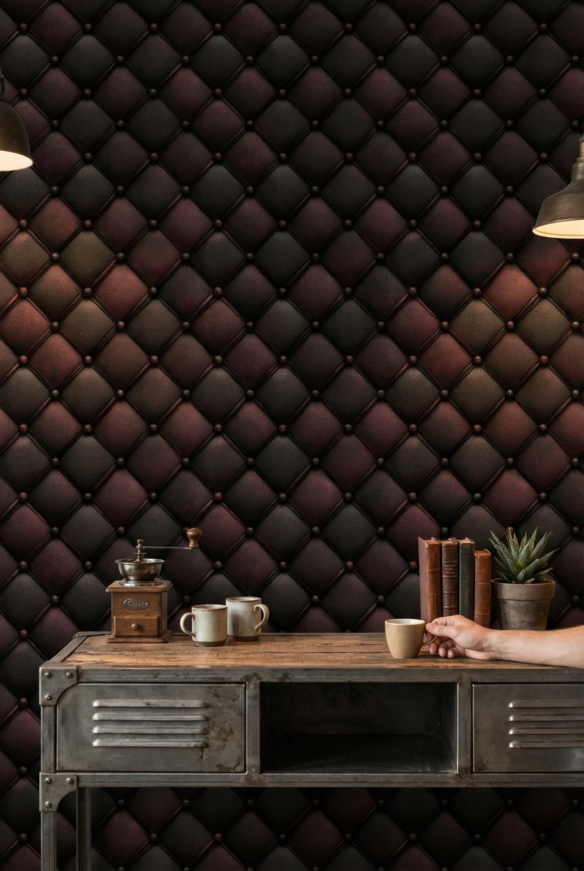 Dark Burgundy Quilted Leather 3D Effect Wallpaper