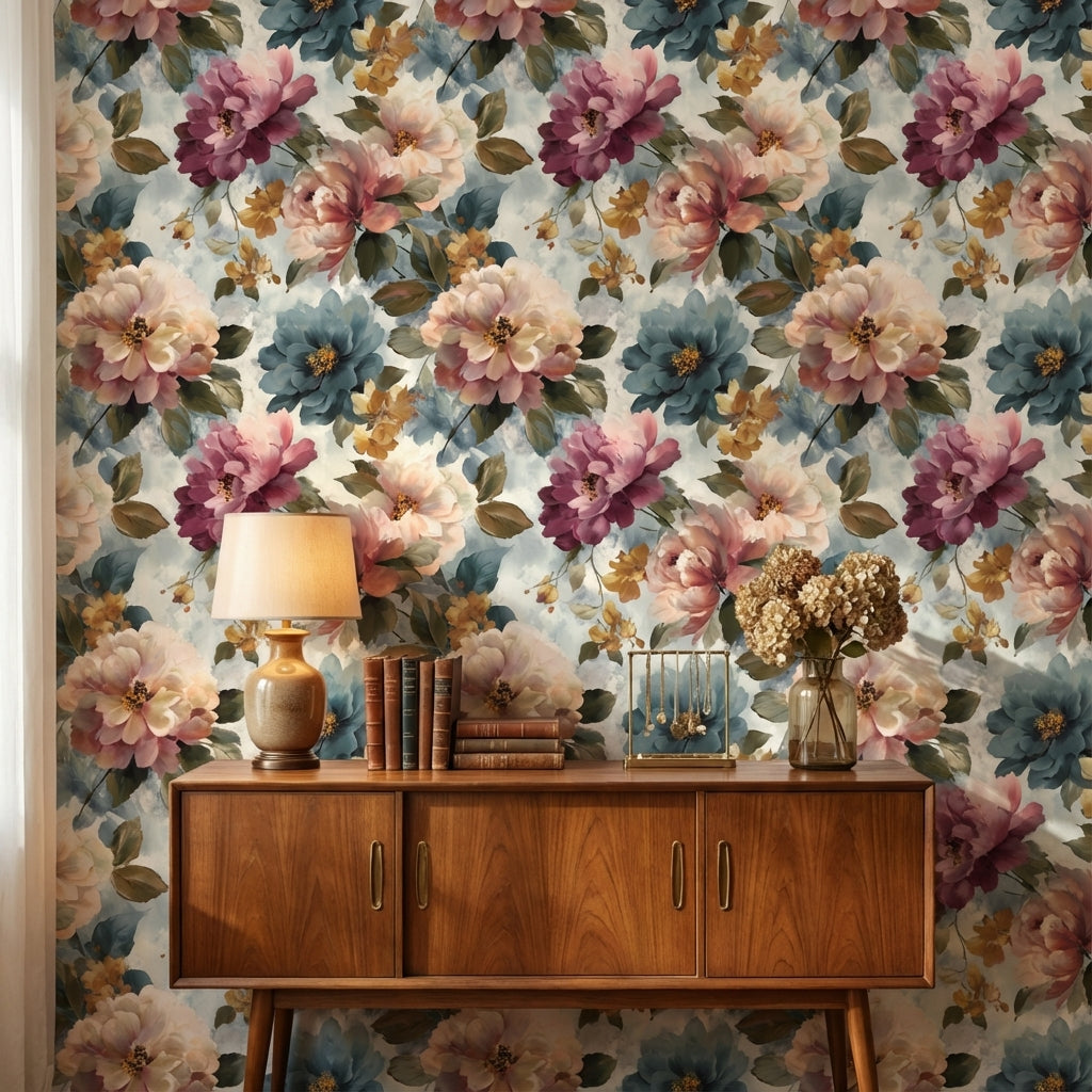 Cream Multicolor Large Floral Wallpaper