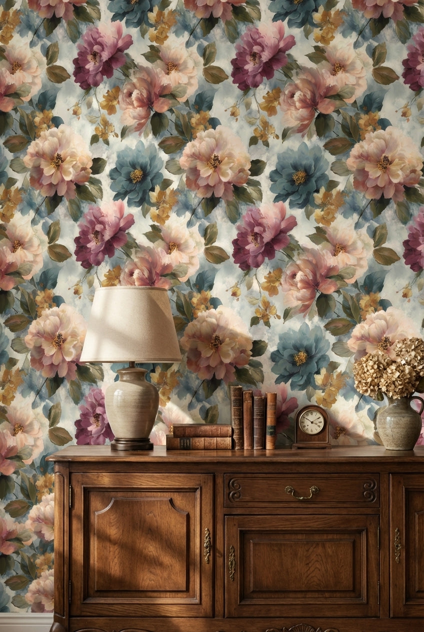 Cream Multicolor Large Floral Wallpaper