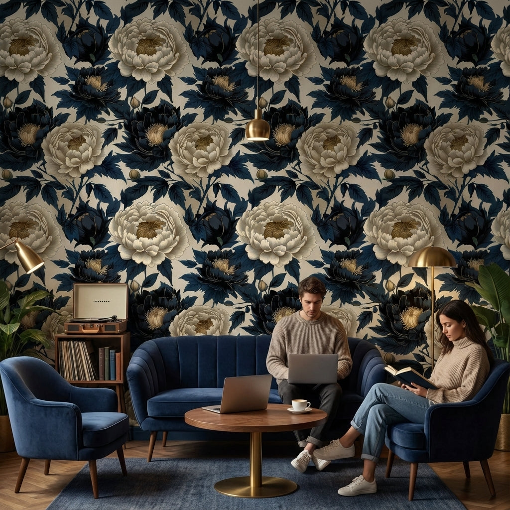 Beige and Navy Blue Peony Floral Wallpaper
