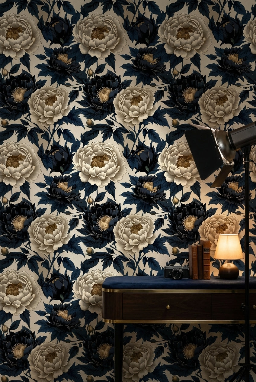 Beige and Navy Blue Peony Floral Wallpaper