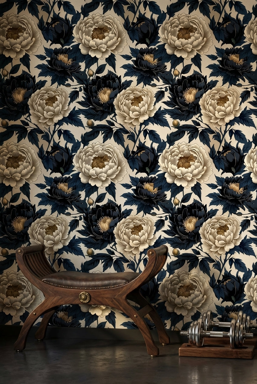 Beige and Navy Blue Peony Floral Wallpaper