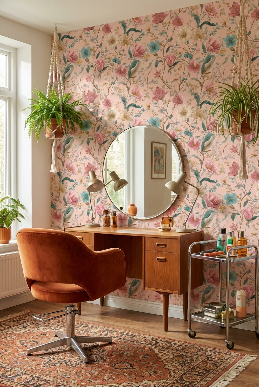 Blush Pink Vintage Wildflower Pattern Wallpaper