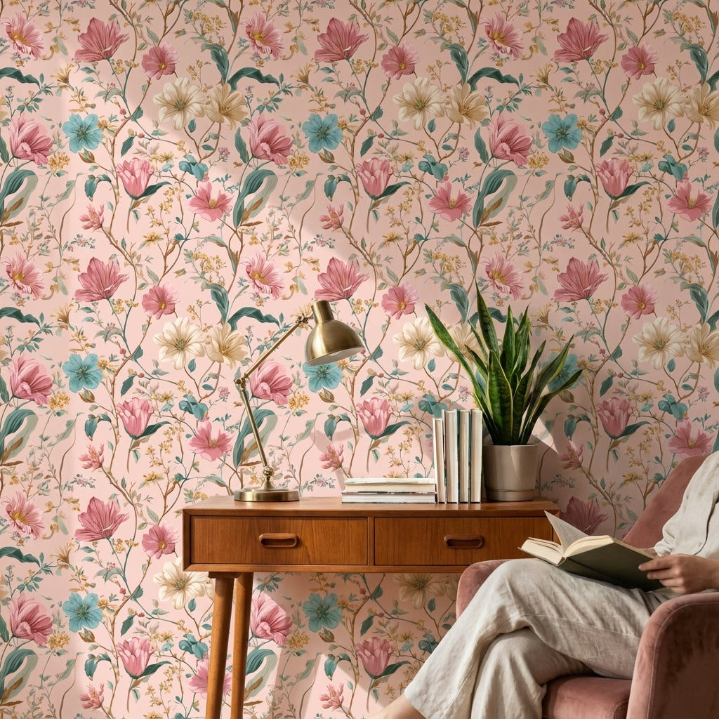 Blush Pink Vintage Wildflower Pattern Wallpaper