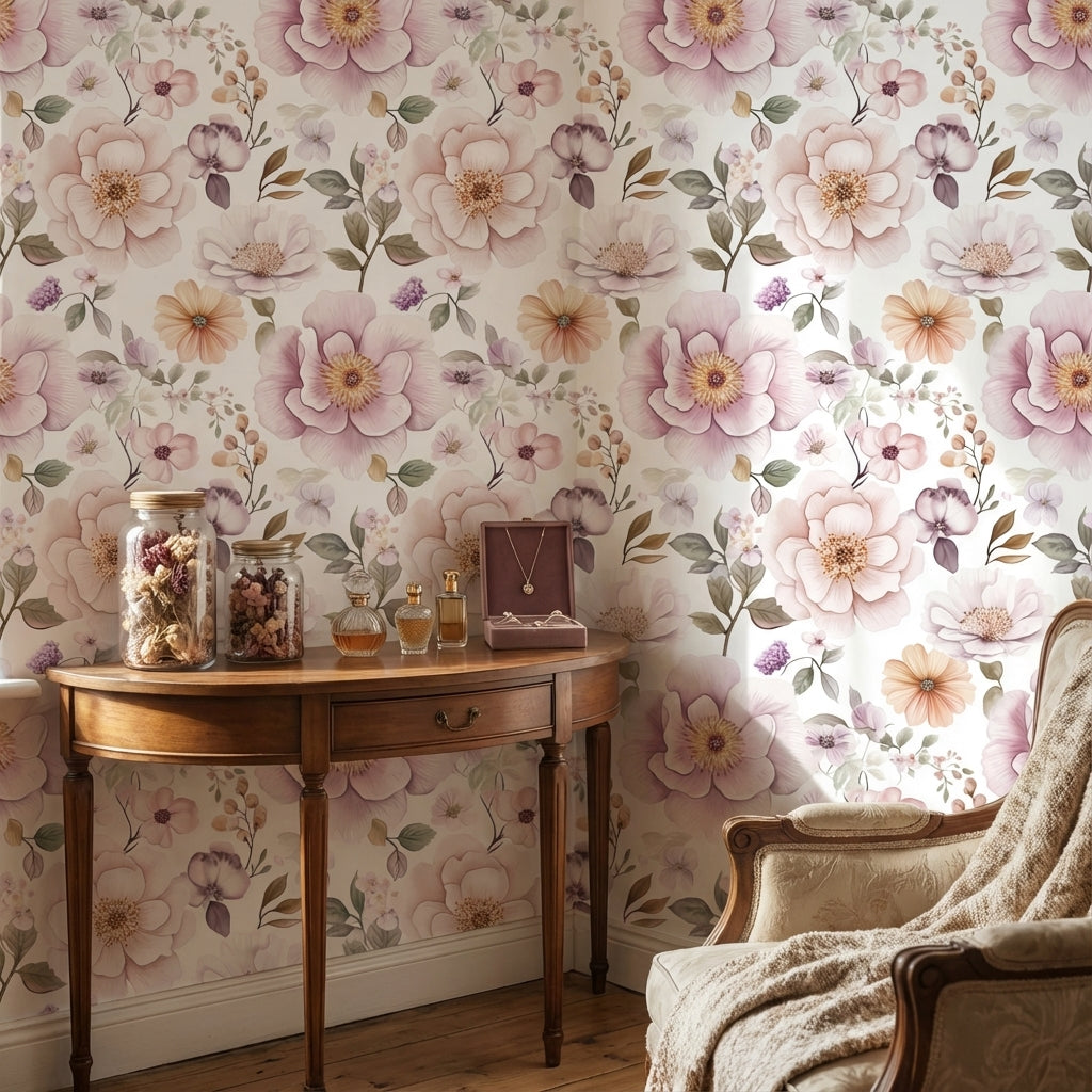 Cream and Lavender Large Floral Wallpaper