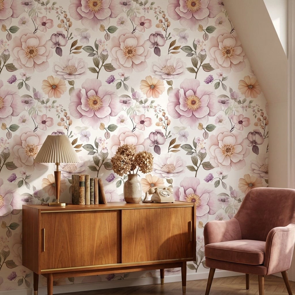 Cream and Lavender Large Floral Wallpaper