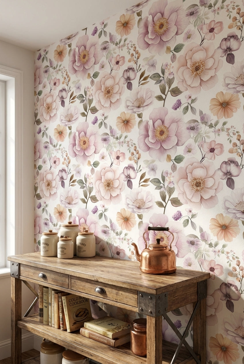Cream and Lavender Large Floral Wallpaper