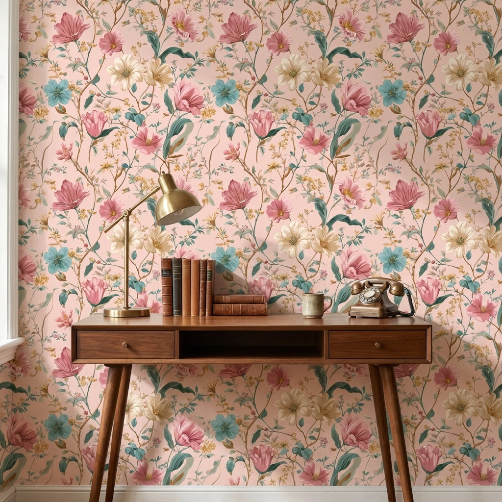 Blush Pink Vintage Wildflower Pattern Wallpaper