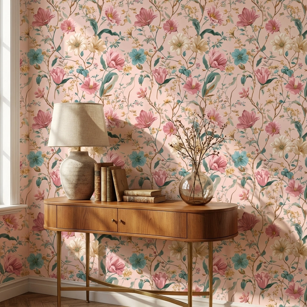 Blush Pink Vintage Wildflower Pattern Wallpaper