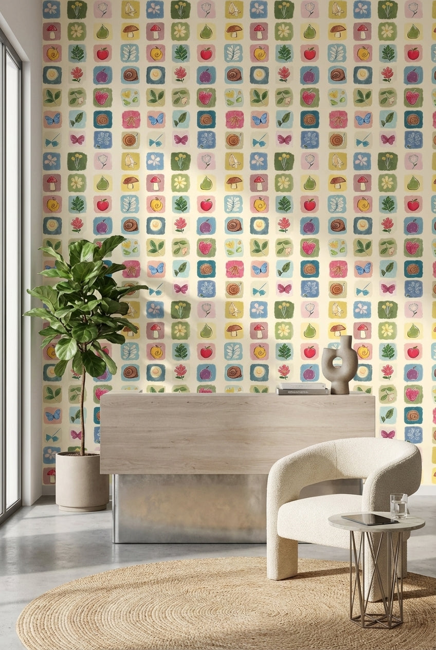 Cream Multicolor Nature Squares Kids Wallpaper