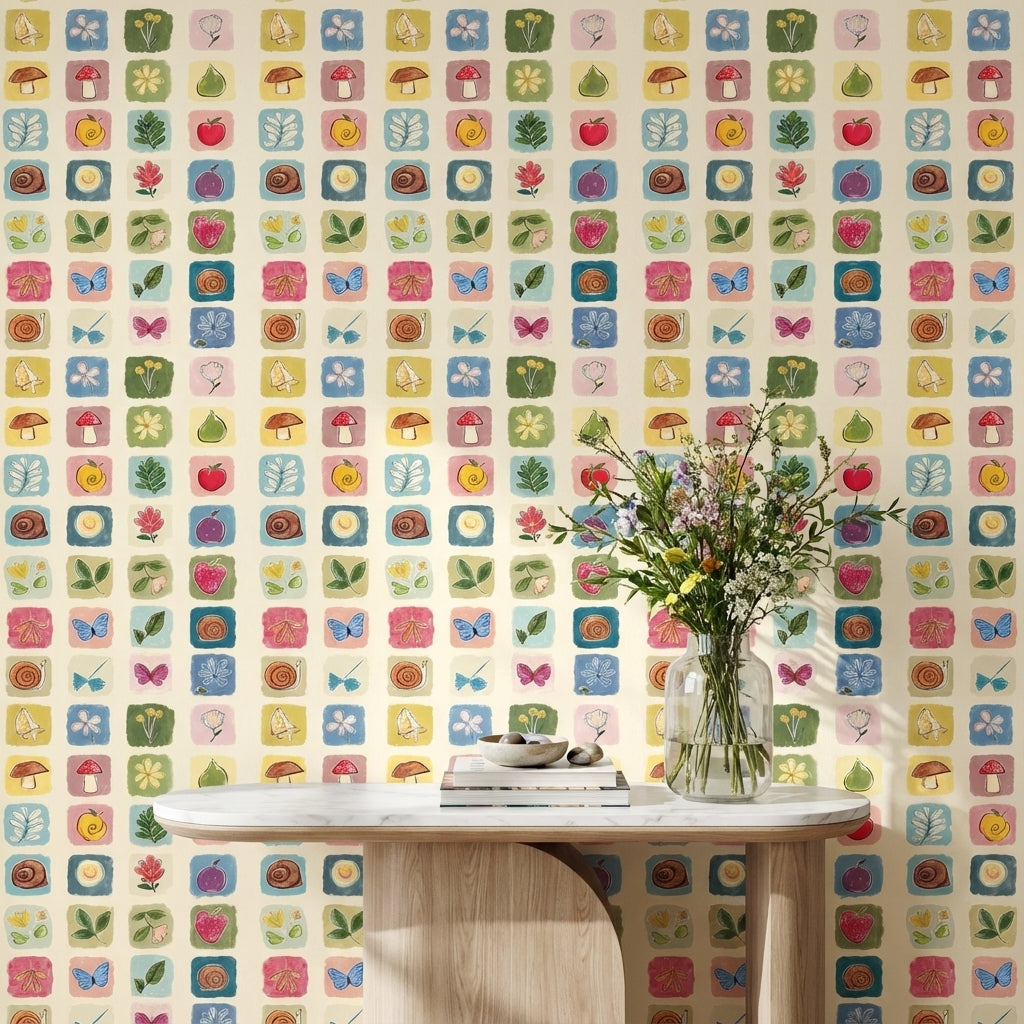 Cream Multicolor Nature Squares Kids Wallpaper