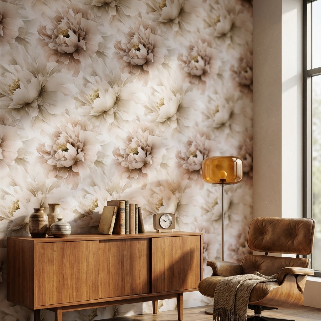 Cream and Beige Oversized Peony Floral Wallpaper