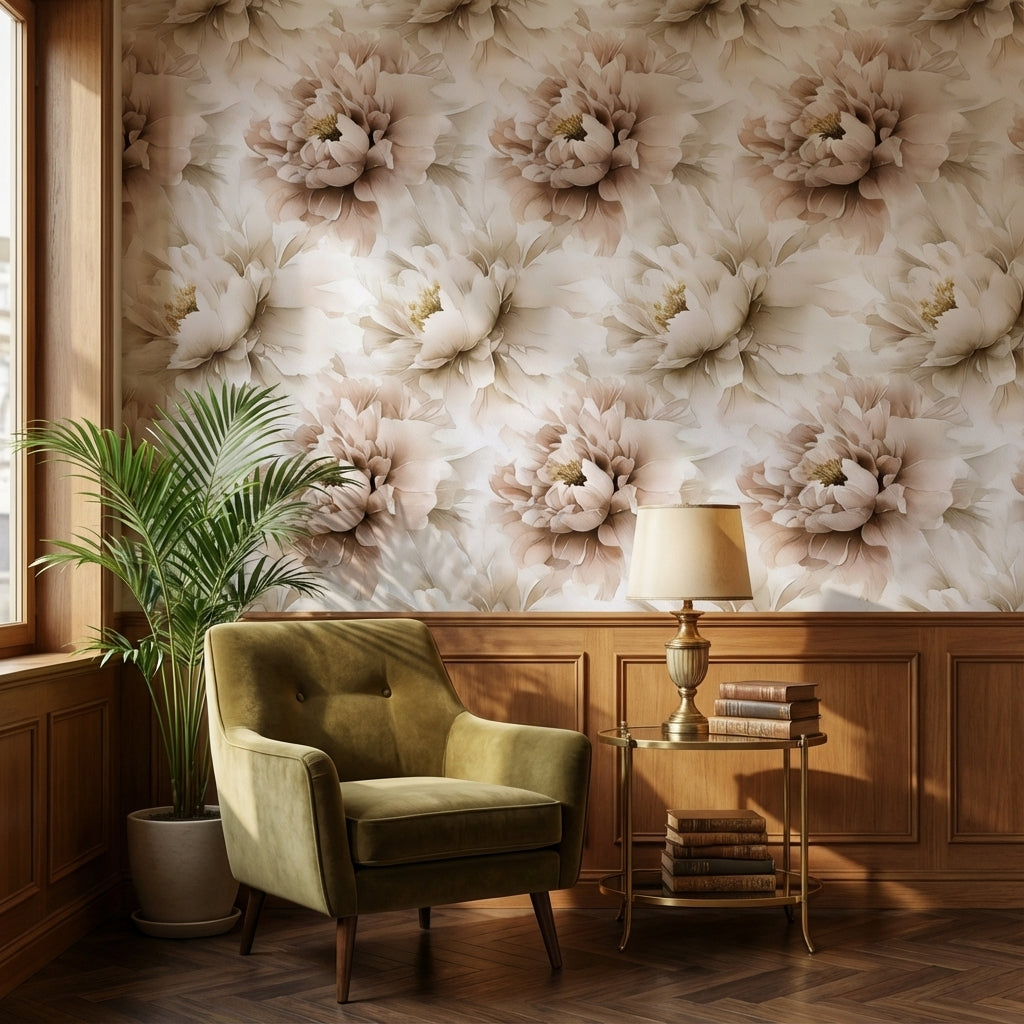 Cream and Beige Oversized Peony Floral Wallpaper