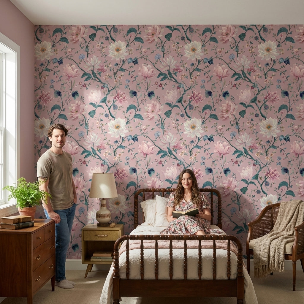 Soft Pastel Pink Large Floral Wallpaper