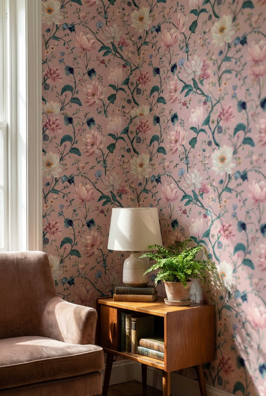 Soft Pastel Pink Large Floral Wallpaper