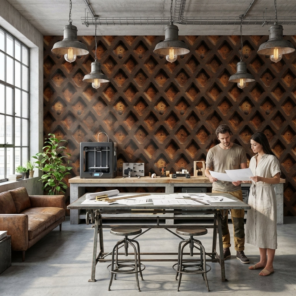 Rustic Orange Geometric Industrial Wallpaper