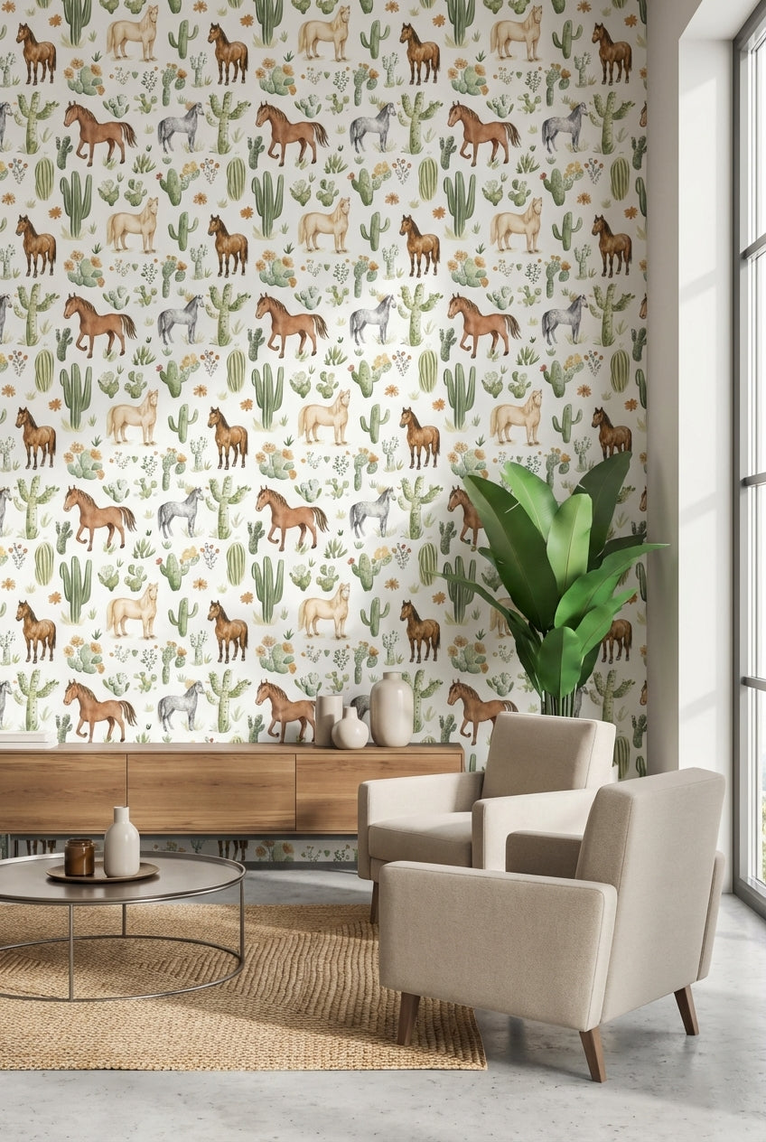 White Desert Cactus and Horse Pattern Wallpaper