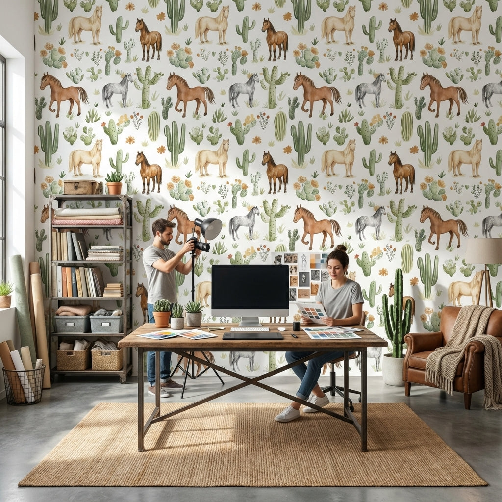 White Desert Cactus and Horse Pattern Wallpaper