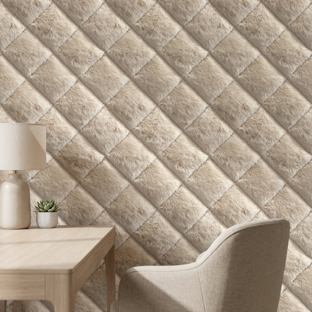 Textured Beige Diagonal Plush Abstract Wallpaper