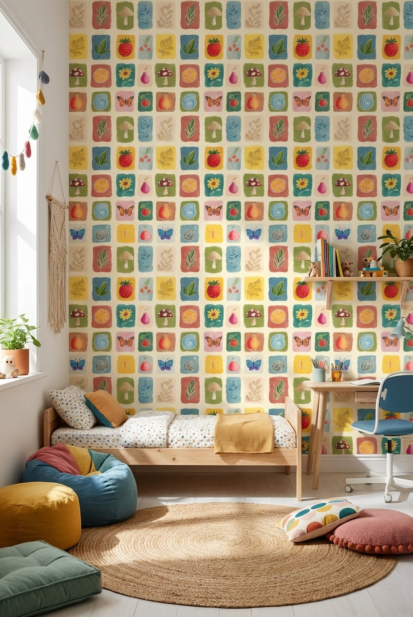 Playful Cream Multicolor Block Print Wallpaper
