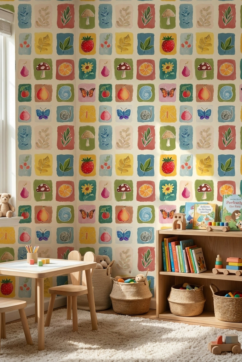 Playful Cream Multicolor Block Print Wallpaper