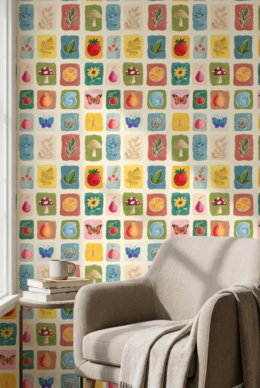 Playful Cream Multicolor Block Print Wallpaper