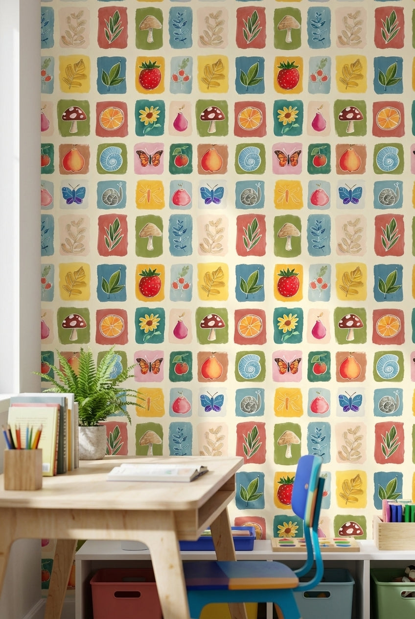 Playful Cream Multicolor Block Print Wallpaper