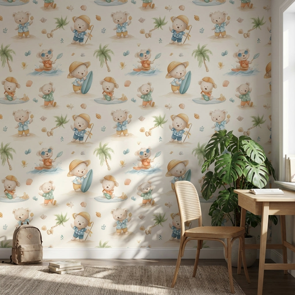 Cream Beach Adventure Bear Kids Wallpaper
