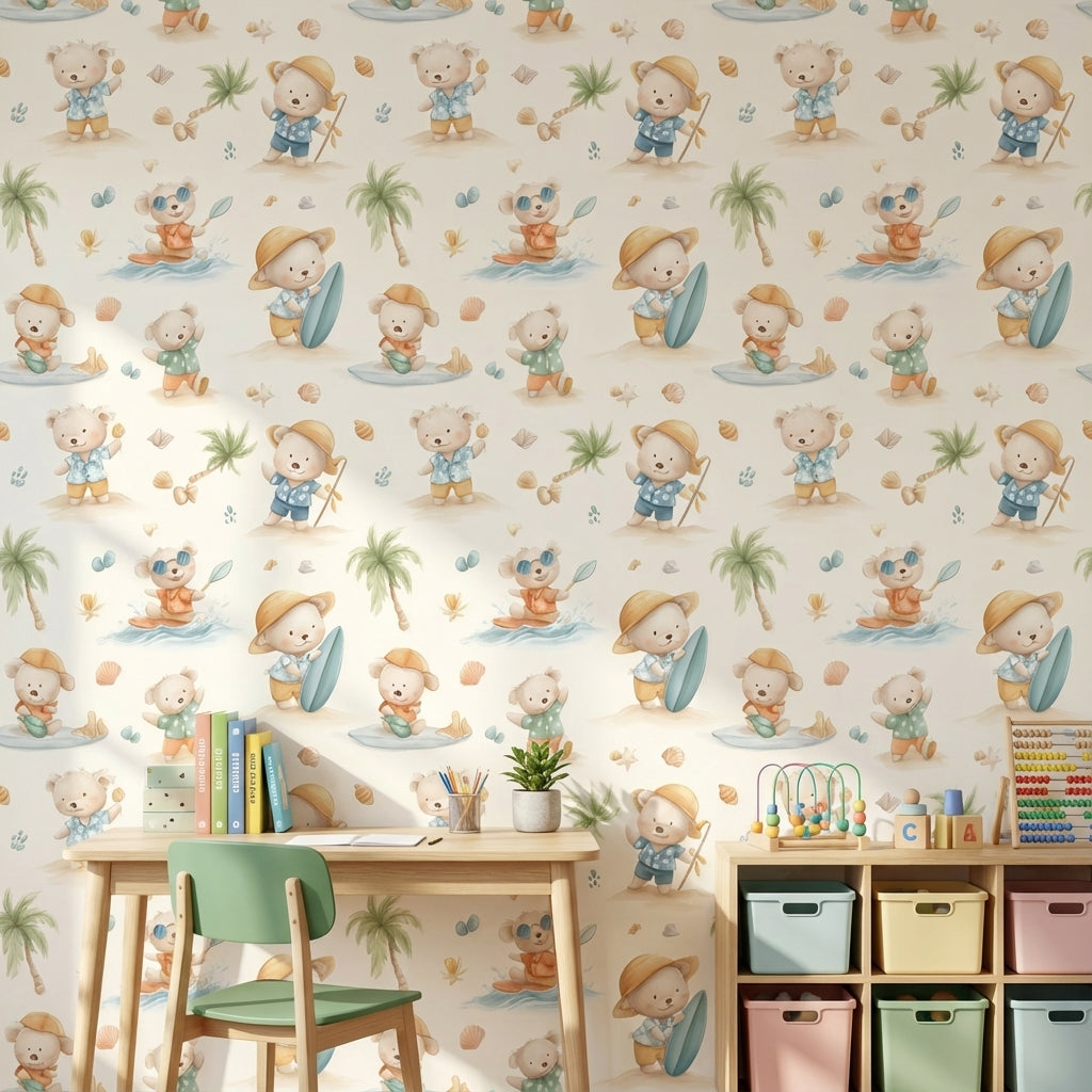 Cream Beach Adventure Bear Kids Wallpaper