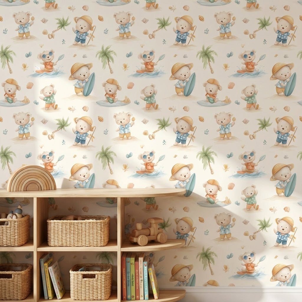 Cream Beach Adventure Bear Kids Wallpaper