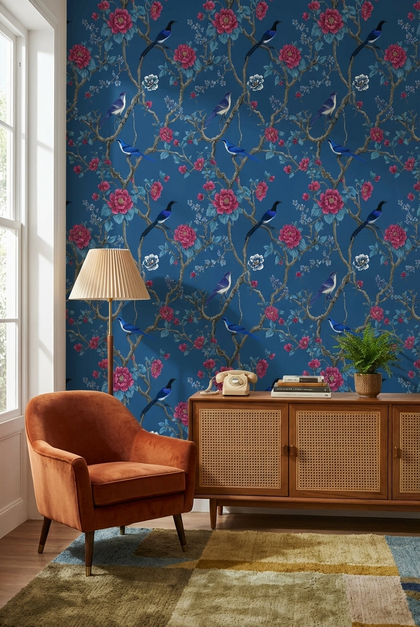 Deep Blue Floral and Bird Design Wallpaper