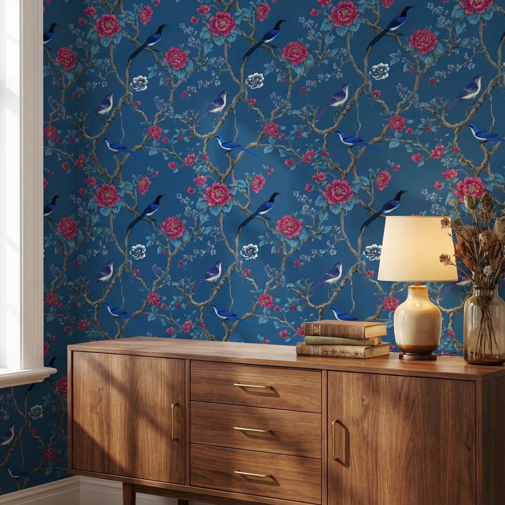 Deep Blue Floral and Bird Design Wallpaper