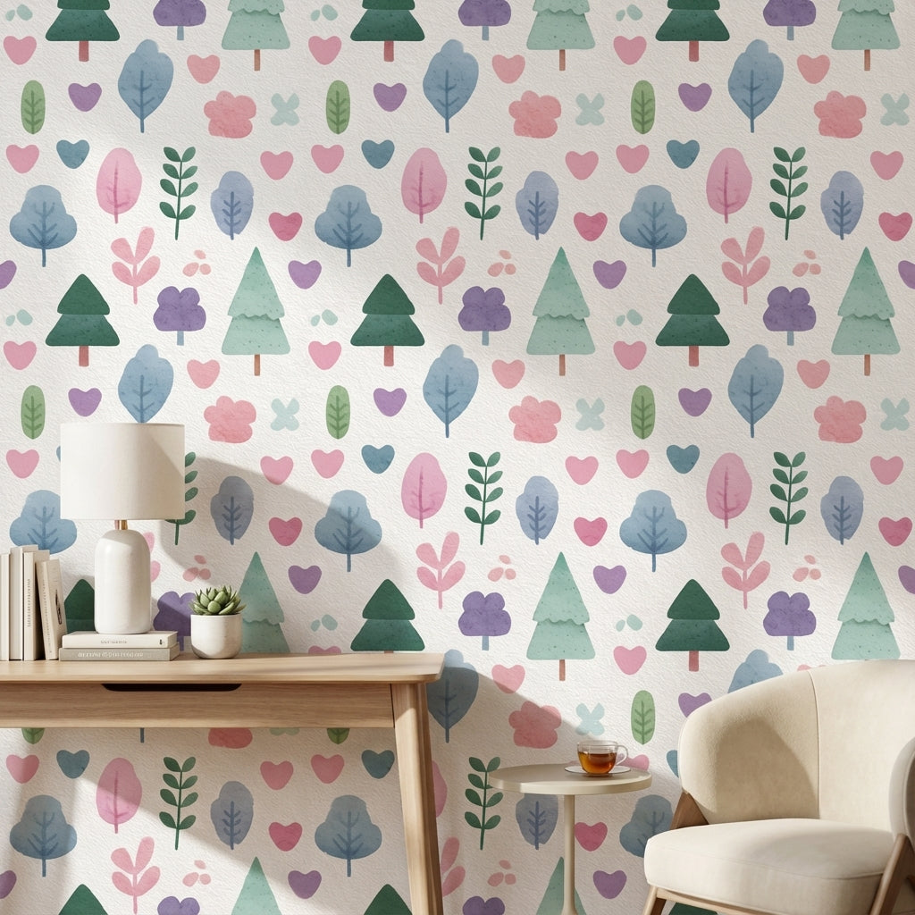 Cream Pastel Forest Friends Kids Wallpaper