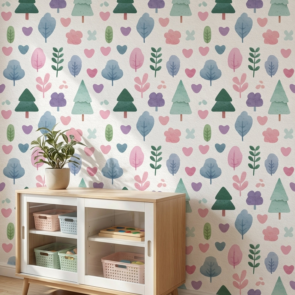 Cream Pastel Forest Friends Kids Wallpaper