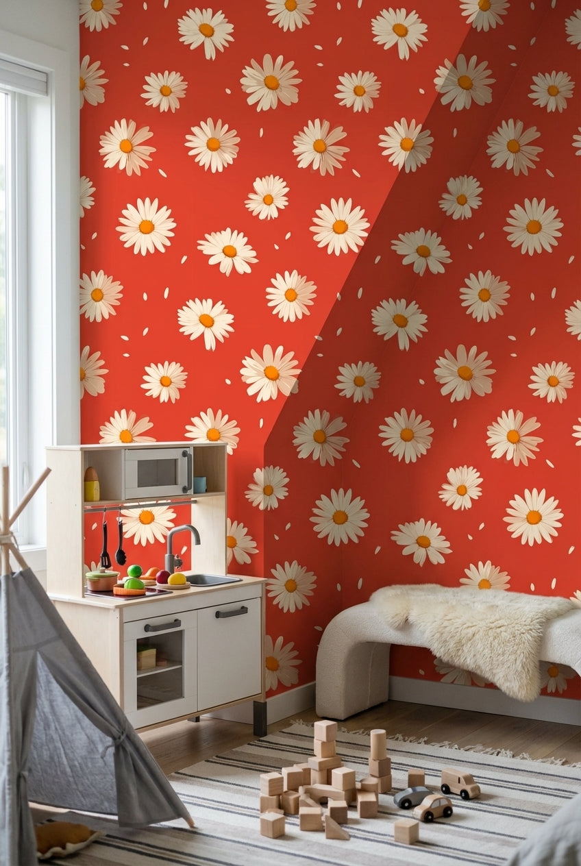 Bright Red Daisy Floral Pattern Wallpaper