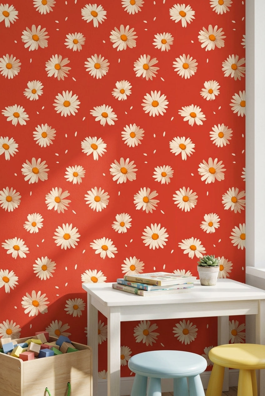 Bright Red Daisy Floral Pattern Wallpaper