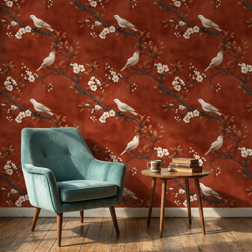 Rust Brown Blossom and Bird Classic Wallpaper