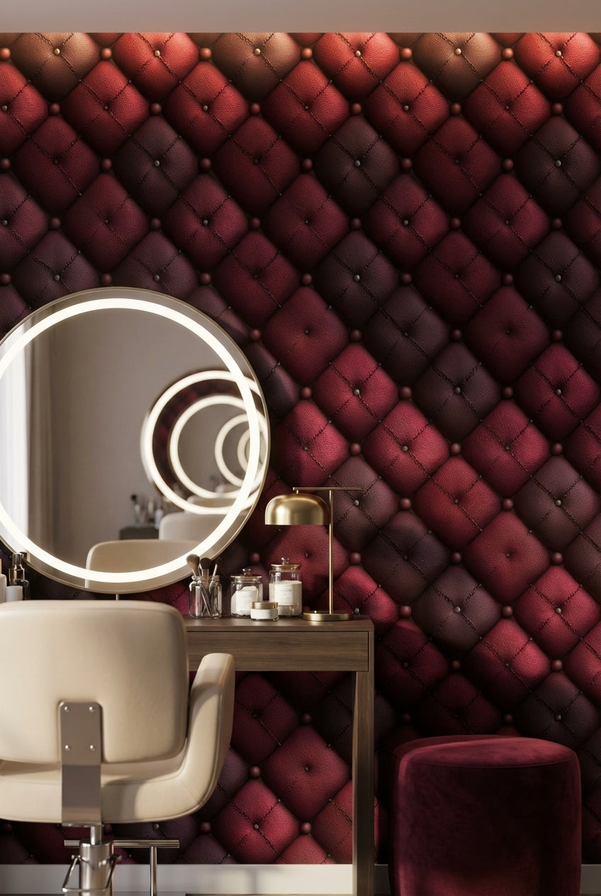 Burgundy and Black 3D Quilted Leather Wallpaper