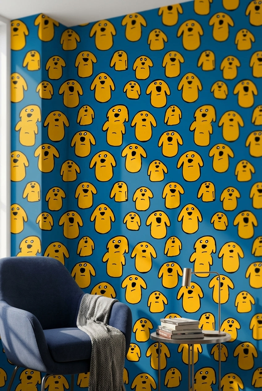 Vibrant Blue Cartoon Dog Pattern Wallpaper