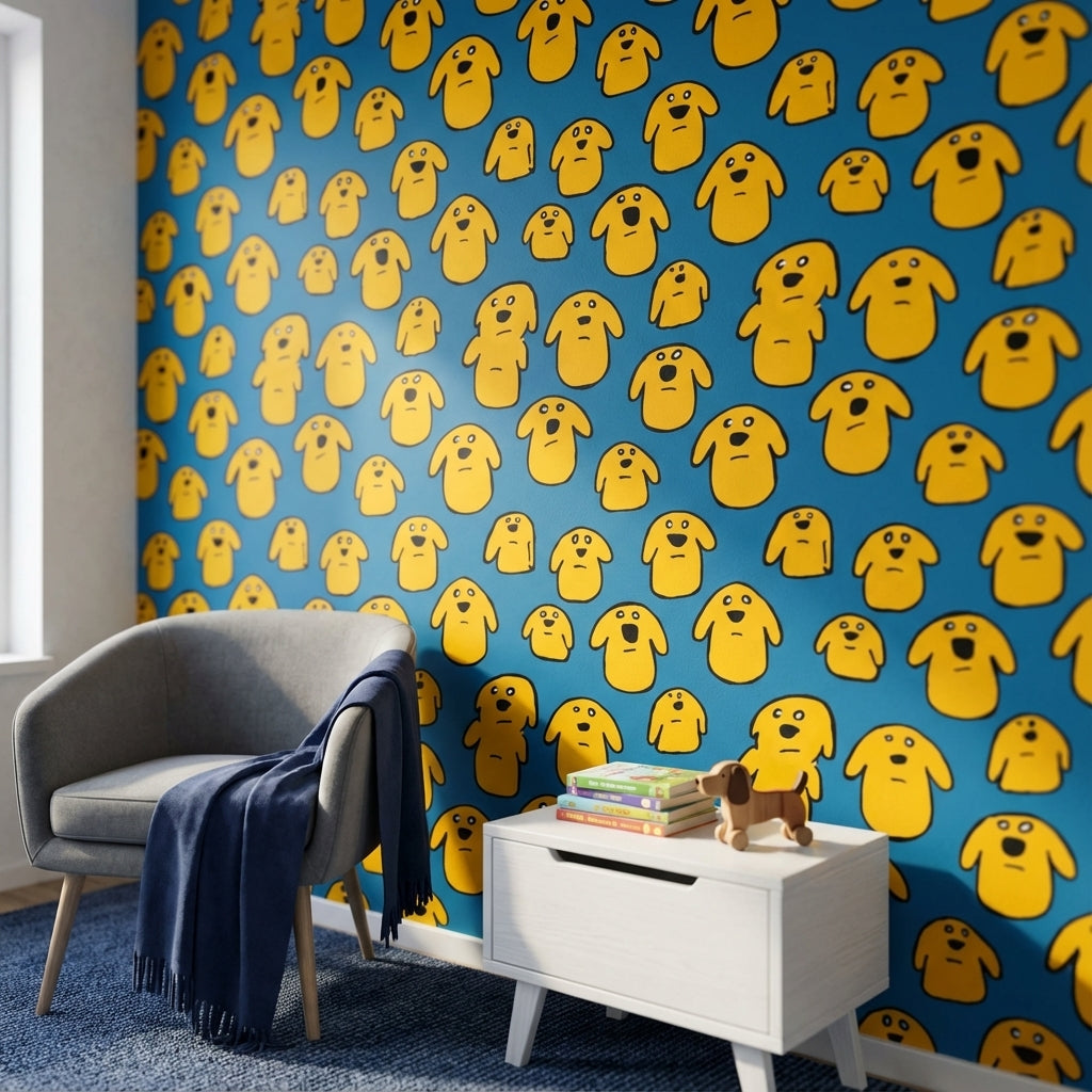 Vibrant Blue Cartoon Dog Pattern Wallpaper