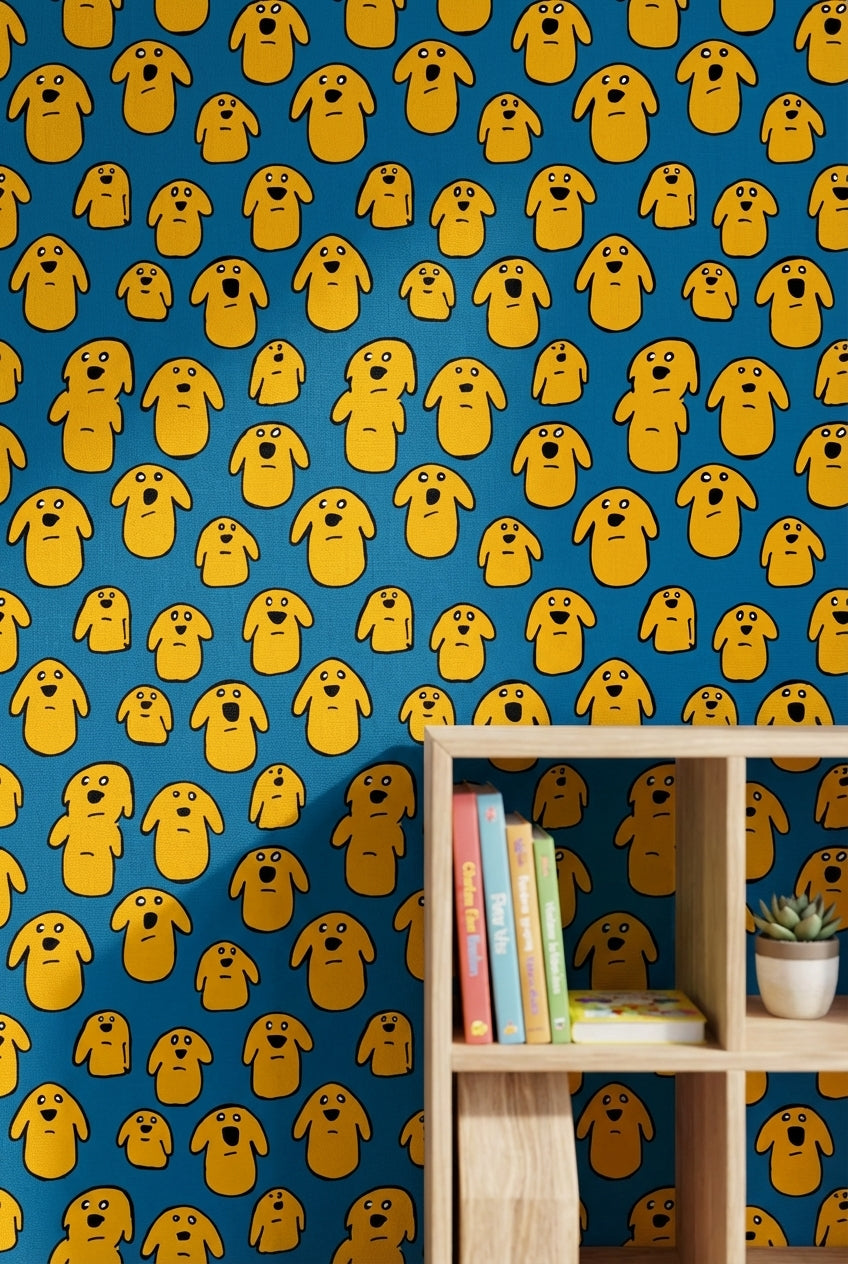Vibrant Blue Cartoon Dog Pattern Wallpaper